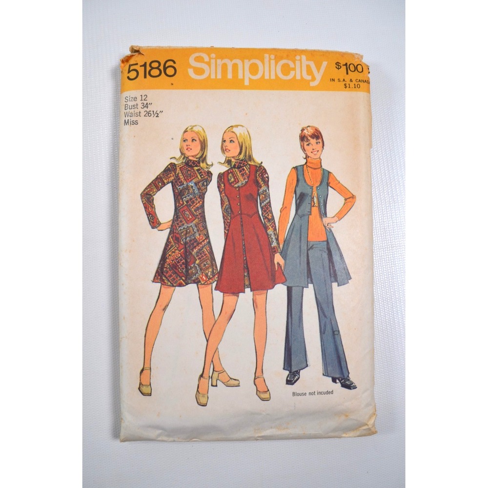 Simplicity 1972 Sewing Pattern # 5186Mod Hippie Mini Dress Pants Vest Size 12